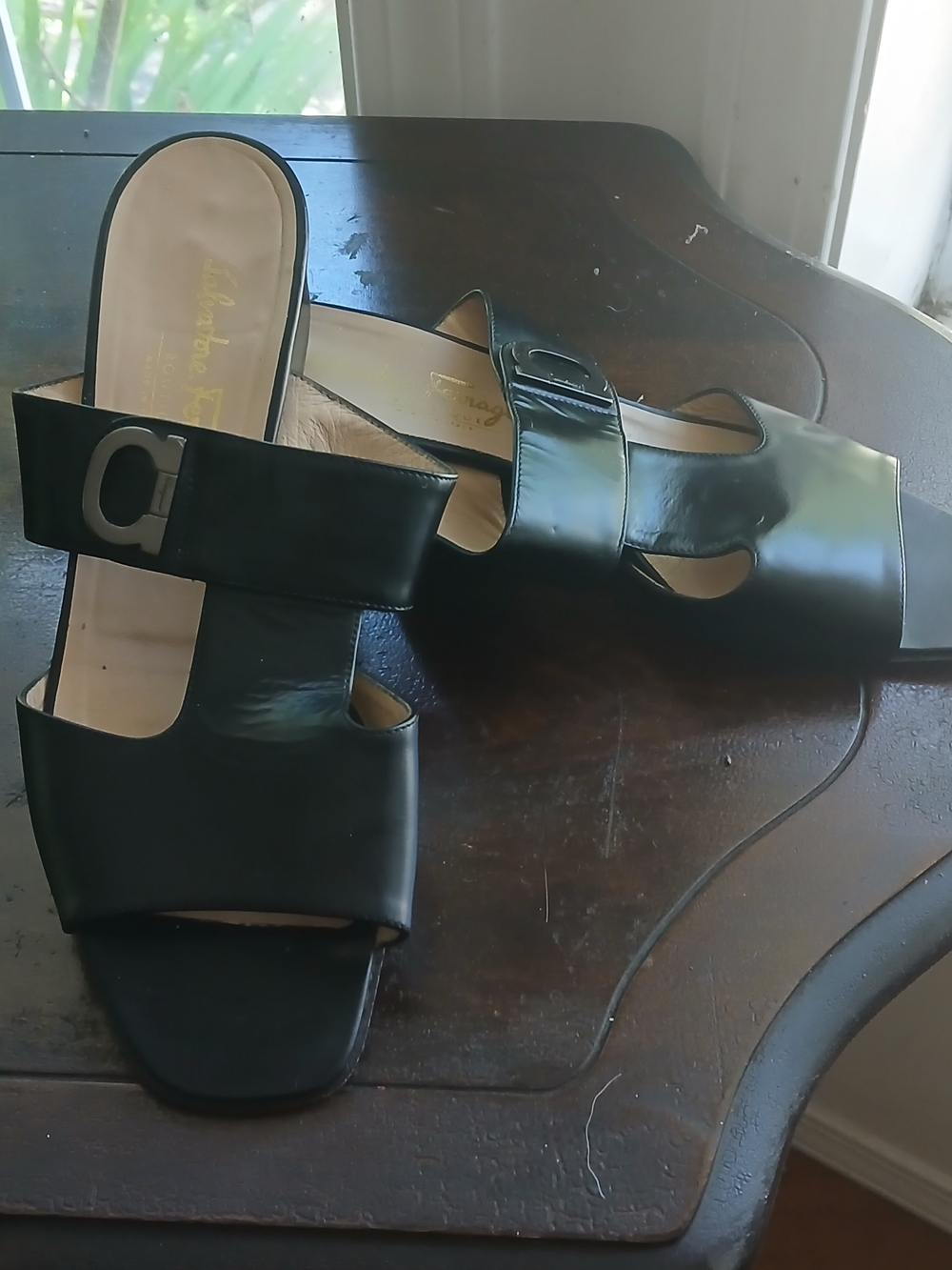 Salvatore Ferragamo Black Patent Leather Slide Mules with Buckle